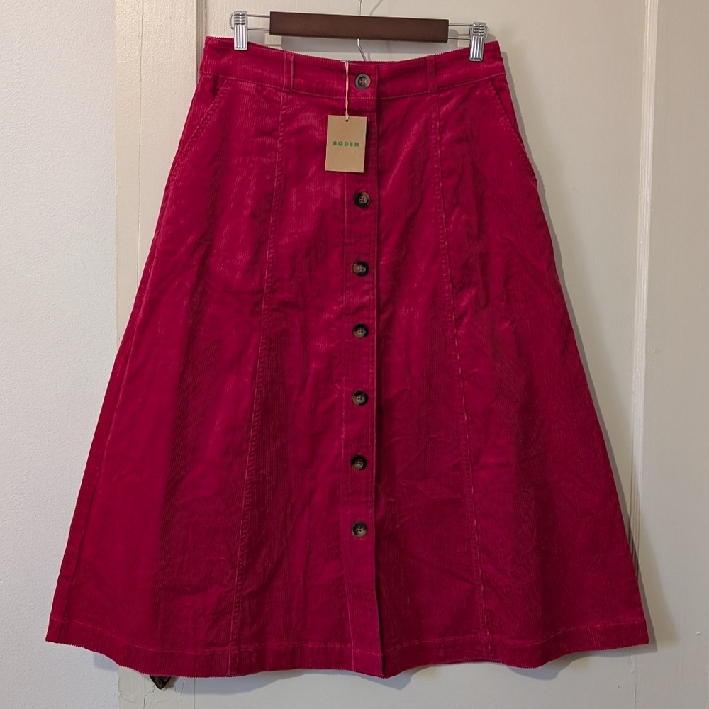 NWT Boden 8 Petra Corduroy A Line Button Front Skirt Cherry Jam Pink